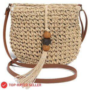 Handwoven Straw Crossbody Bag Boho Chic Summer Beach Purse with Tassels